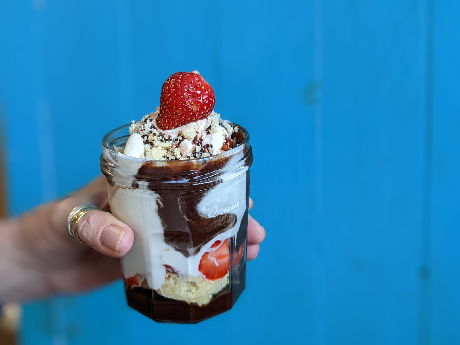 Strawberry Shortcake Hot Fudge Sundae