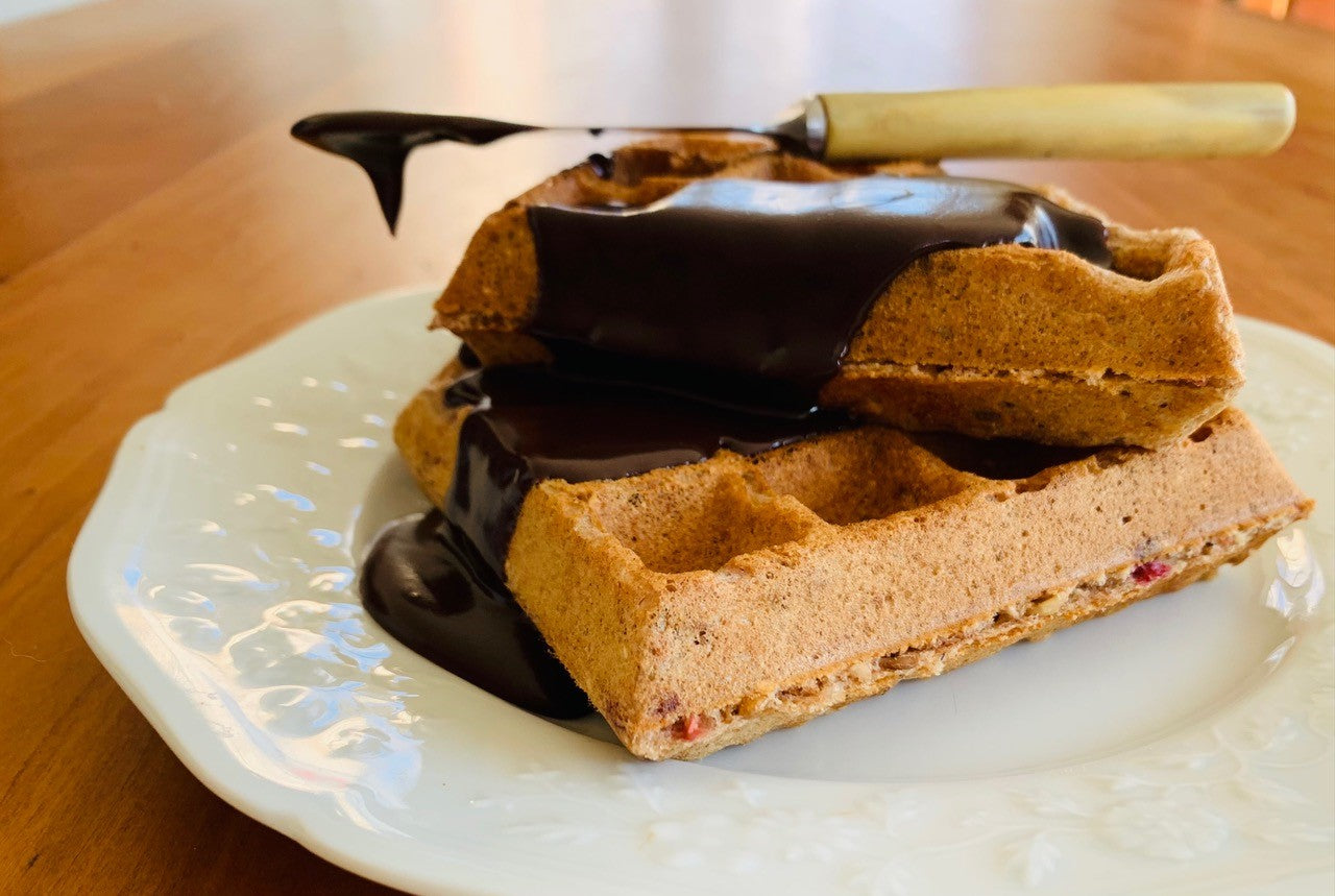 Hot Fudge Spread on Belgian Waffles