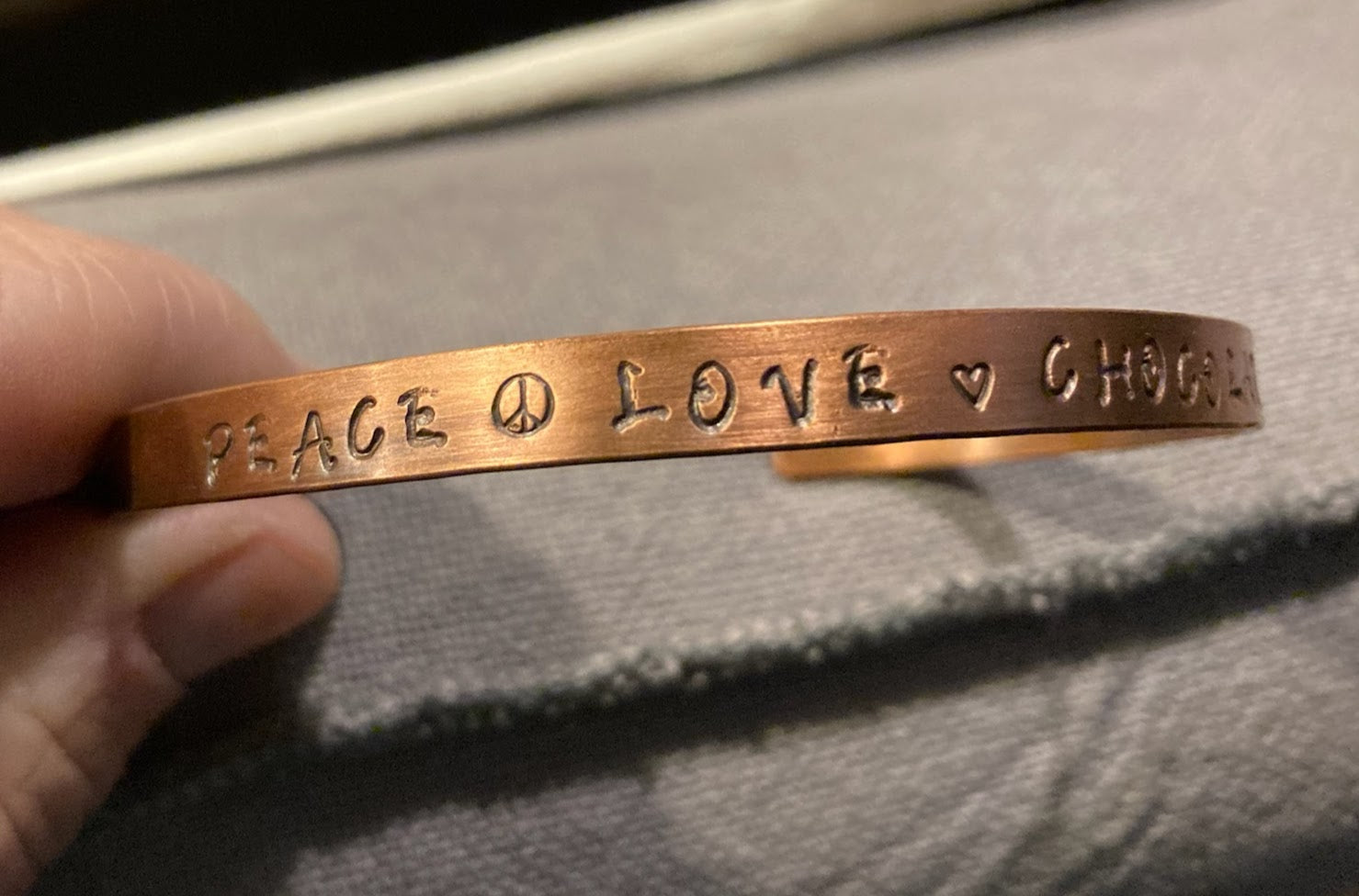 Peace Love Chocolate Copper Cuff Bracelet